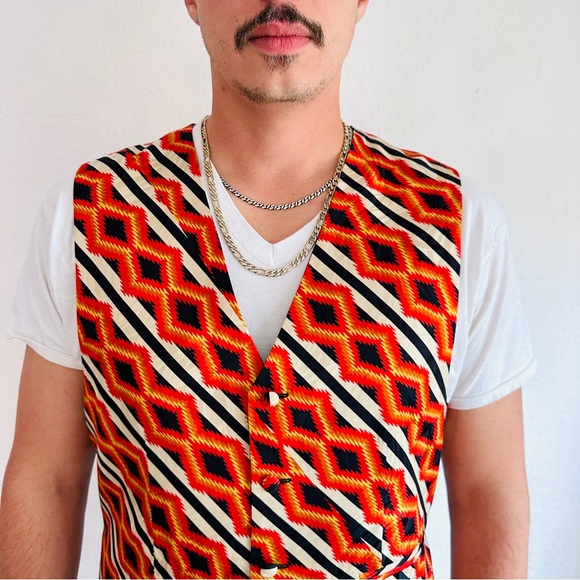 Vintage Silk Southwestern Vest Mens Orange Black Navajo Western Cowboy Chevron - Picture 6 of 10